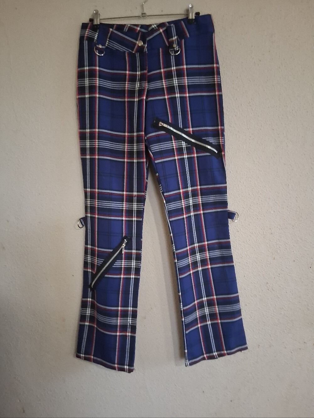 Vintage Women's Blue Plaid Pants with Zip Details
